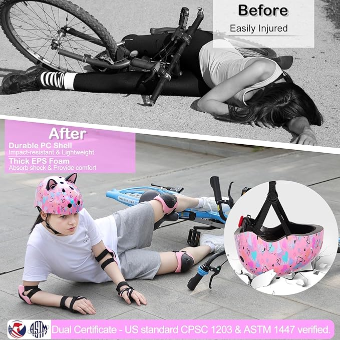 Kids Helmet, Bike Helmets for Kids 8-14 with Knee Pads and Elbow Pads Wrist Guards, Adjustable Youth Girls Bike Helmet with DIY Cat Ears Skateboard Helmet for Scooter Skating Cycling