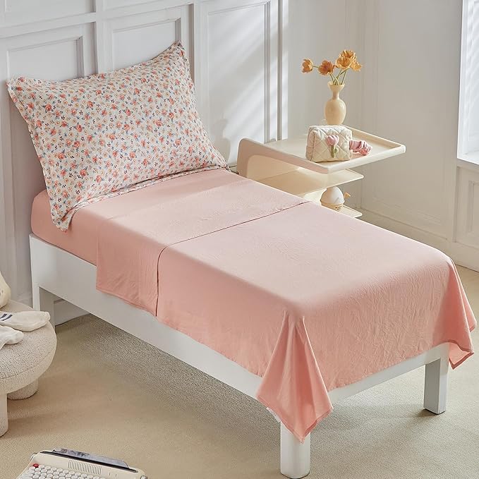 DuShow Toddler Bedding Set for Girls,4 Pieces Floral Toddler Girl Comforter Set,Super Soft Reversible Toddler Sheet Set,Lightweight Crib Bed Set -Pink