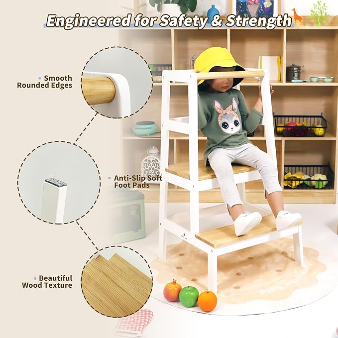 Damoch Family® Premium Solid MOORE Toddler Kitchen Step Stool - A-Shaped Safety Design | CPSC/REACH/CPC Certified | Kids Counter Standing Tower for Cooking, Washing Hands & Brushing Teeth