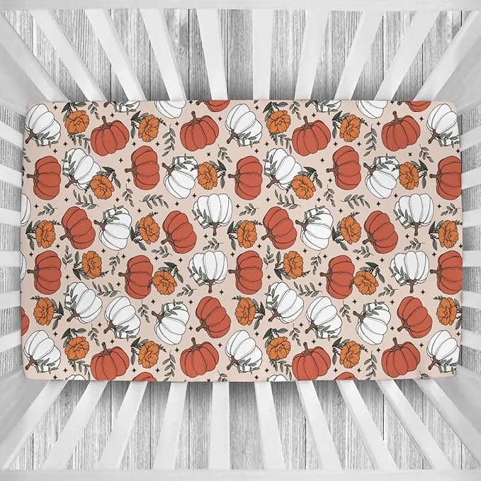 Boho Fall Pumpkin Floral Baby Crib Sheets Retro Autumn Pumpkin Flowers Thanksgiving Baby Sheets Fitted Crib Mattress Cover for Standard Crib Toddler Mattresses 28x52in