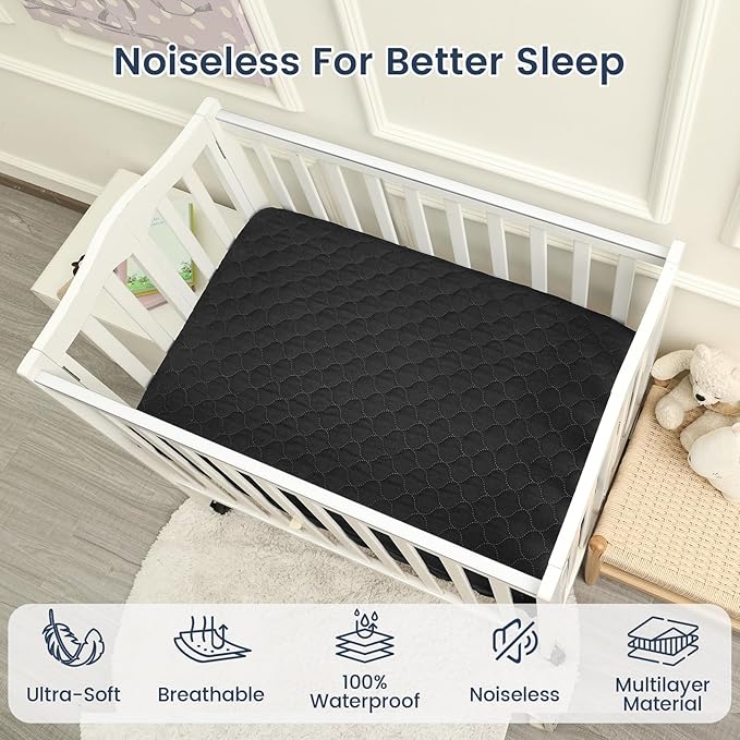 david's kids 2 Pack 38''x25'' Waterproof Mini Crib Mattress Protector, Fitted Pack N Play, Playard and Mini Crib Mattresses, Ultra Soft Breathable Pad Cover for Boys Girls Neutral, Black