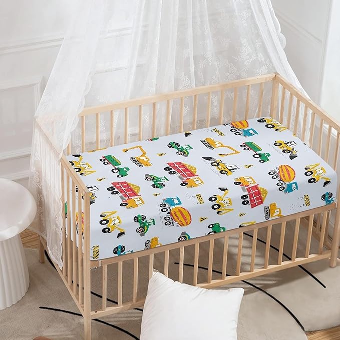 Construction Fitted Crib Sheet for Boys Girls Machinery Cement Truck Baby Sheet for Standard Crib and Toddler Excavator Dump Trucks Nursery Bed Mattress Sheets 28"x52"