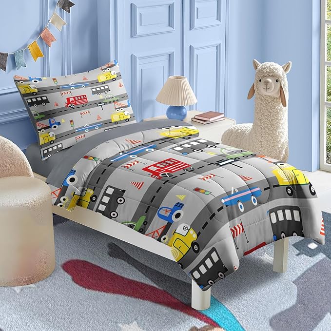 Nesker 4 Pcs Comforter Set Toddler Size, Car Bus Truck Bedding for Kids Teen, Tree Constrution Road Bed Sheet with Pillowcase & Sham