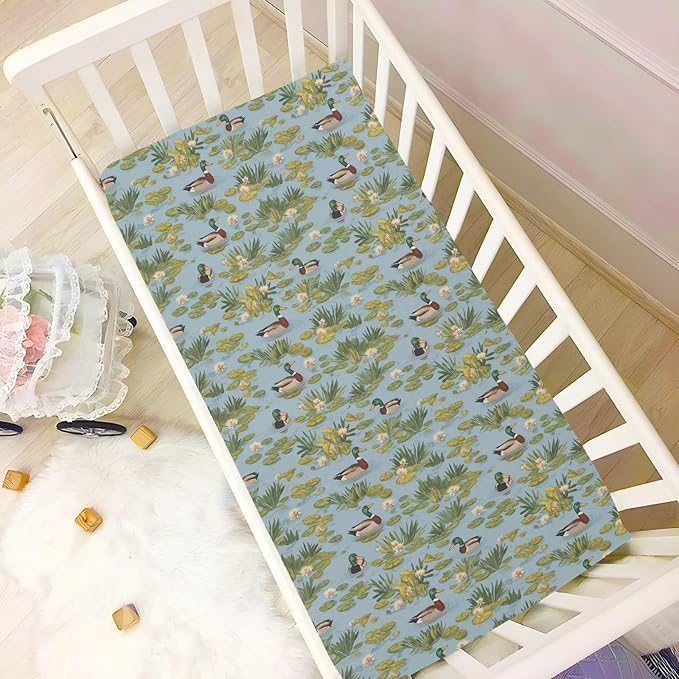 Fitted Crib Sheets for Baby Boys or Girls Soft Breathable Baby Play Yard Sheet for Standard Size Crib Mattress 52x28in Ducks and Water Lilies in The Pond