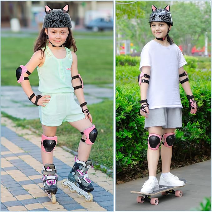 Kids Helmet, Bike Helmets for Kids 8-14 with Knee Pads and Elbow Pads Wrist Guards, Adjustable Youth Girls Bike Helmet with DIY Cat Ears Skateboard Helmet for Scooter Skating Cycling