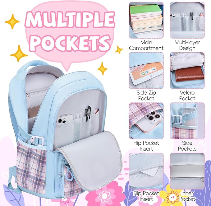 Aulenge Kids Backpack for Girls Cute Teen School Backpack Ages 8-12 with Pencil Case Set Kawaii Stitch Blue School Bookbags with Multiple Pockets for Primary & Middle School Students