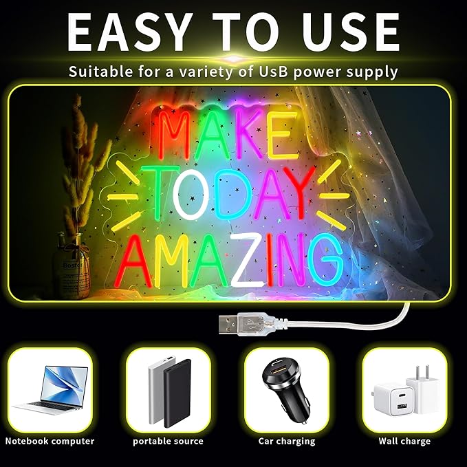 Enuoli Make Today Amazing Neon Sign Wall Decor Letter LED Neon Lights Light Up Signs For Kids Room Dimmable Positive Affirmation LED Neon Light Sign Home Business Wall Art Decor