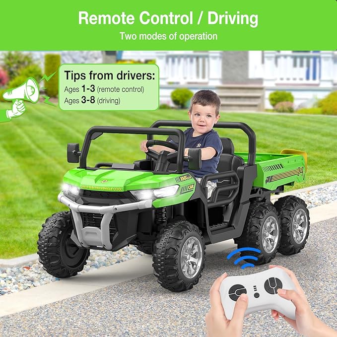 2-Seater Kids Ride On Dump Truck, 75W Electric Ride On UTV Toys with Remote Control, Dump Bed, PP Tire x 6, LED Light & Music, 24V 4WD Power Ride On Truck Car for Boys Girls (Green)