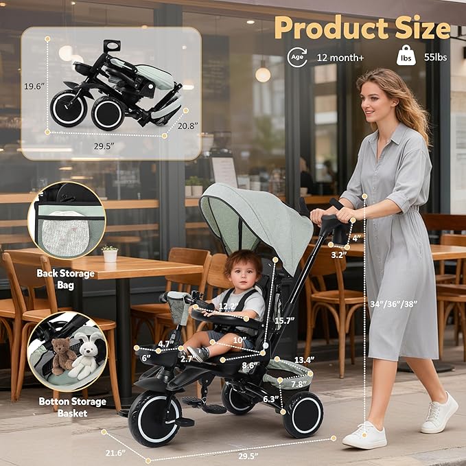 Folding Kids Tricycle, 8 in 1 Baby Trike W/Removable & Adjustable Canopy, Parent Handle, 5-Piont Safety Harness, Toddler Bike Stroller for Kids 1-6 Years, EVA Wheels, Storage Basket, Green