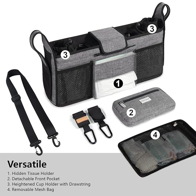 TOPDesign Universal Baby Stroller Organizer, Double Stroller Caddy with Detachable Mesh Bag & Heightened Insulated Cup Holders & Non-Slip Secure Hooks Accessories, Fits Most Strollers (Grey)