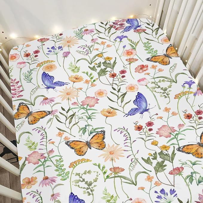 Vintage Wildflowers Butterflies Baby Crib Sheets for Boy Girl 52"x28" Colorful Spring Blossoms Soft Snug Fitted Crib Mattress Cover Wild Plant Baby Sheet for Standard Crib and Toddler Bed Mattress