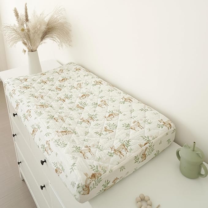 Konssy Waterproof Muslin Changing Pad Cover 2 Pack, Quilted Cotton Fitted Diaper Changing Table Cover, Soft Changing Pad Sheets for Girls Boys (Woodland, Sage)
