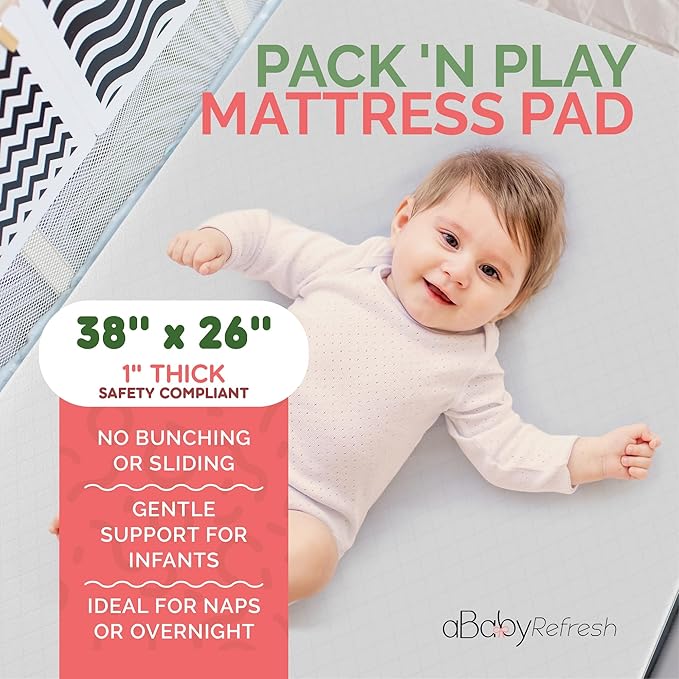 Pack and Play Mattress 38x26 x1-1-Inch Firm Foam Pack n Play Mattress Pad with Waterproof Vinyl Cover - Safe Secure Fit for Playard Bedding - CPSC Compliant Foldable Portable Travel Baby Bed