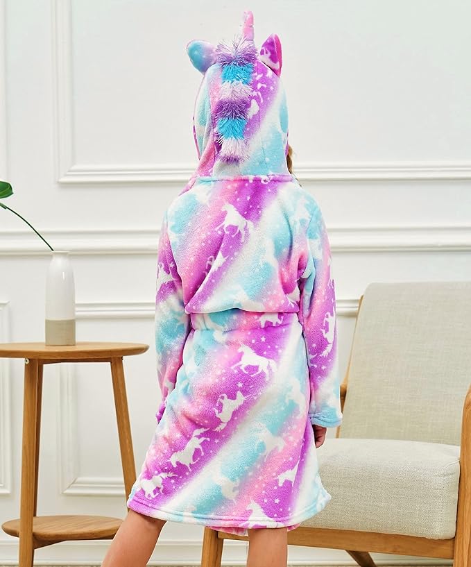 Soft Unicorn Hooded Robe with Matching Slippers Headband and Blindfold for Girls