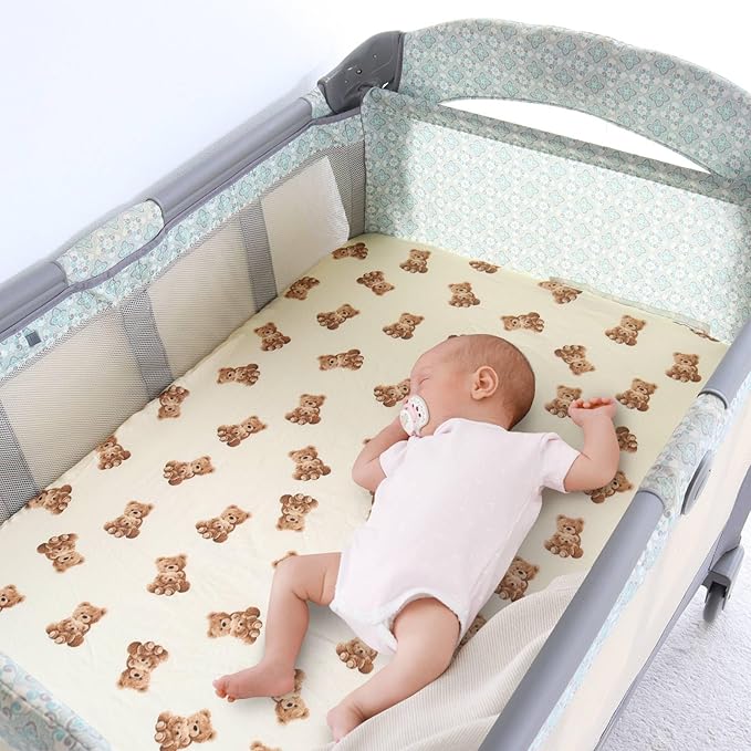 LifeTree Pack and Play Sheets Fitted for Baby, 38" x 26" x 2" Muslin Playard Mattress Pad Cover,70% Viscose from Bamboo and 30% Cotton, Bear Pattern