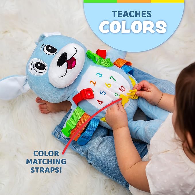 Buckle Toys Barkley Dog - Plush Animal Learning Toy - Develop Fine Motor Skills - Counting and Color Recognition Stuffed Animal - Perfect Travel Toddlers Essentials