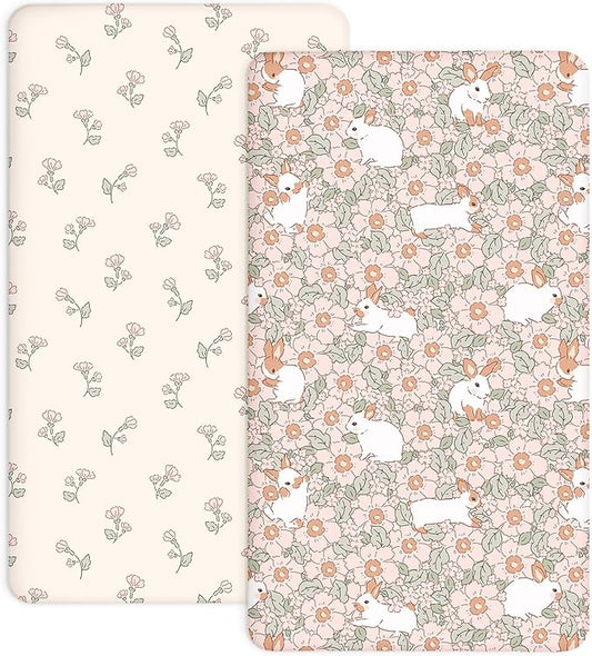 Pack and Play Sheets 2 Pack, Fitted Jersey Knit Mini Crib Sheets for Baby Boys and Girls, Compatible with Graco Pack N Play and Mini Crib Mattress (Bunny Garden, Pack N Play/Mini Crib Sheets)
