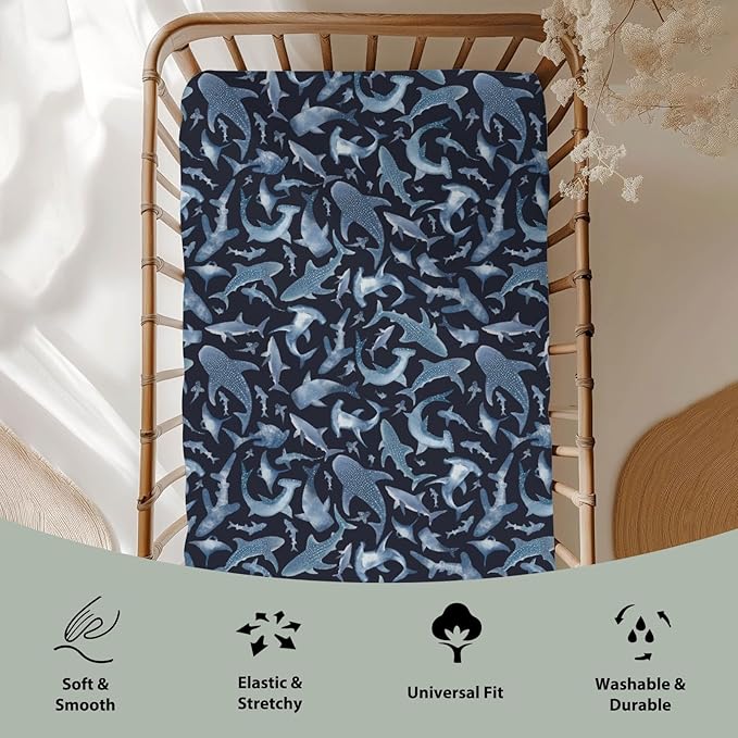 Blue Sharks Baby Crib Sheets for Boy Girl 52"x28" Sea Ocean Animal Soft Stretchy Fitted Crib Mattress Covers Nautical Shark Nursery Baby Sheet for Standard Crib and Toddler Bed Mattress