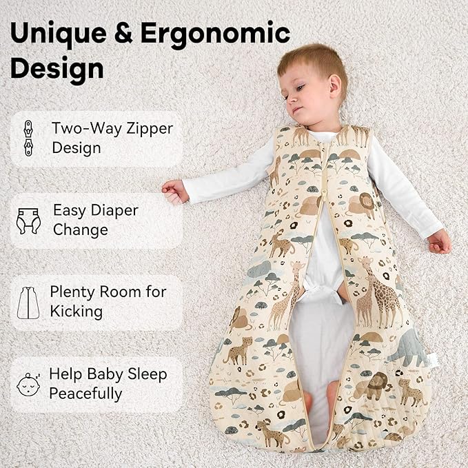 Baby Sleep Sack 18-24 Months 1.5 Tog Baby Wearable Blanket 100% Cotton Fabric Warm Sleeping sack with 2-Way Zipper Quilted for Toddler Infant Tog Apricot Elephant