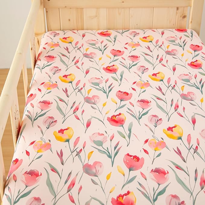 SDIII 2 Pack Pink Floral Crib Sheets for Baby Girl 52×28 Stretchy Microfiber Jersey Knit Pink Crib Sheets for Standard Crib and Toddler Mattress