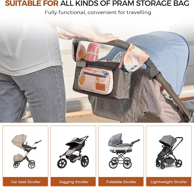 WUUTER Stroller Organizer with Cup Holder Detachable Wristlet Large Capacity Baby Stroller Bag for Mom, Fits Uppababy, Baby Jogger, Britax, BOB, More (Garden)