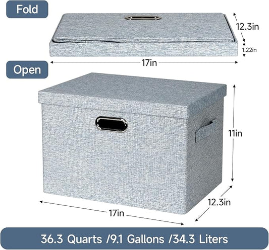 Graciadeco Large 17" 36 Quart Collapsible Stackable Storage Bins with Lids, 3 Packs Blue-Grey Linen Fabric Closet Boxes with Lids, Storage Cube Baskets Container Organizers for Bedroom (17x12x11)