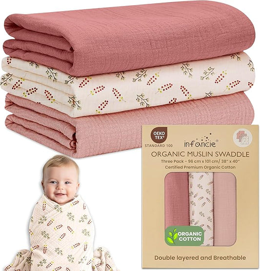 Organic Cotton Muslin Baby Blanket 3 Pack - 38x40 Inch Breathable Swaddle, Hypoallergenic Double-Layer, Versatile Use (Pink, Floral, Rust, 38x40 Inch)
