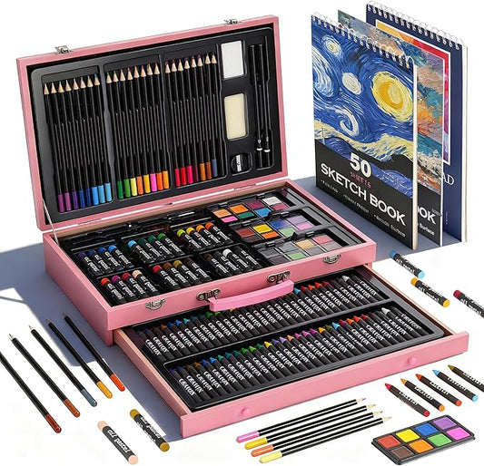 GOTIDEAL 143 Piece Deluxe Art Set with 3 Drawing Pads,Waterclolr Paints,Crayons,Colored Pencils,Paint Set in Wooden Case,Professional Art Kit Gift,Art Supplies for Kids,Adults,Teens,Beginners（Pink）