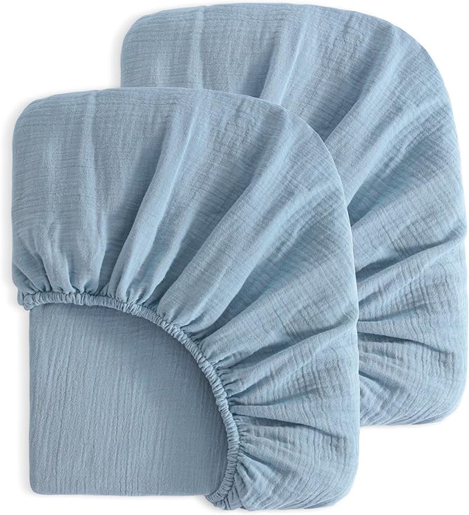 NTBAY 2 Pack Muslin Cotton Crib Sheets, Soft and Breathable Double Layer 28x52 Baby Crib Sheets for Standard Crib and Toddler Mattresses, Boys, Girls, Unisex, Sky Blue, 28x52 Inches