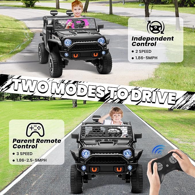 24V Ride On Toys for Big Kids, MOEYURO 2 Seater Ride on Cars with 4WD/2WD Switchable, 20'' Wide Seat, Ride on Truck w/Remote Control, 4-Wheeler Suspension, Power Car Wheelers for Kid Boys Girls, Black