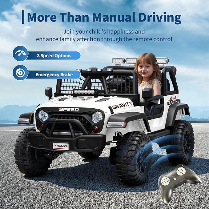 24V 2-Seater Kids Electric Truck with Parent Remote Control, 100Min Ride-on Car, 4WD Dual Motor, 2 Speeds, Spring Shock Absorber, LED Headlights, Siblings Gift Kids Electric Vehicle, White