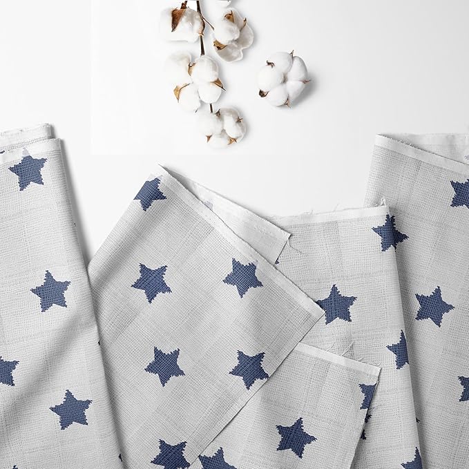 Bacati - Muslin Ikat Stars 4 Piece Boys Toddler Bedding Set 100 Percent Cotton Includes Reversible Comforter, Fitted Sheet, Top Sheet, and Pillow Case (4 pc Toddler Bedding Set, Navy Stars)