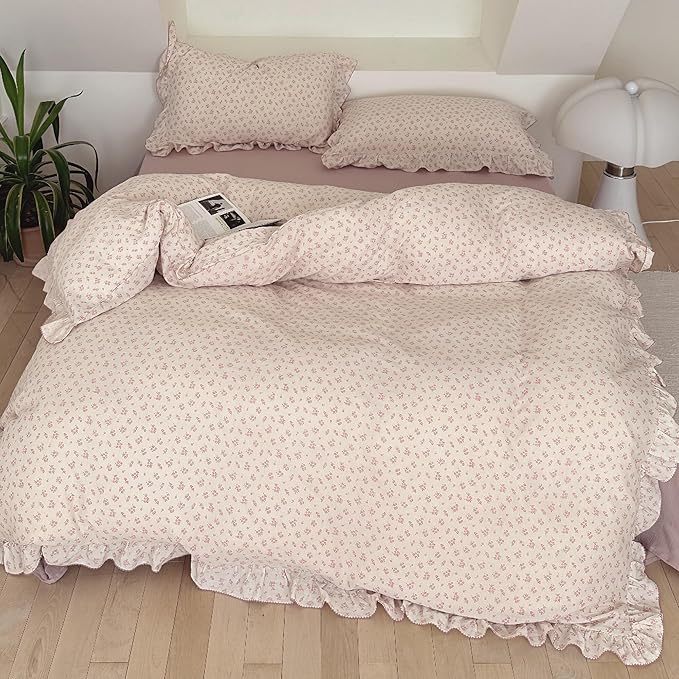 BuLuTu Pink Galsang Flower Print Girls Duvet Cover Twin Size Comforter Cover Gauze Cotton Kids Teens Bedding Vintage Floral Design Quilt Cover with Ruffles, 68"x86", No Pillow Case/Comforter