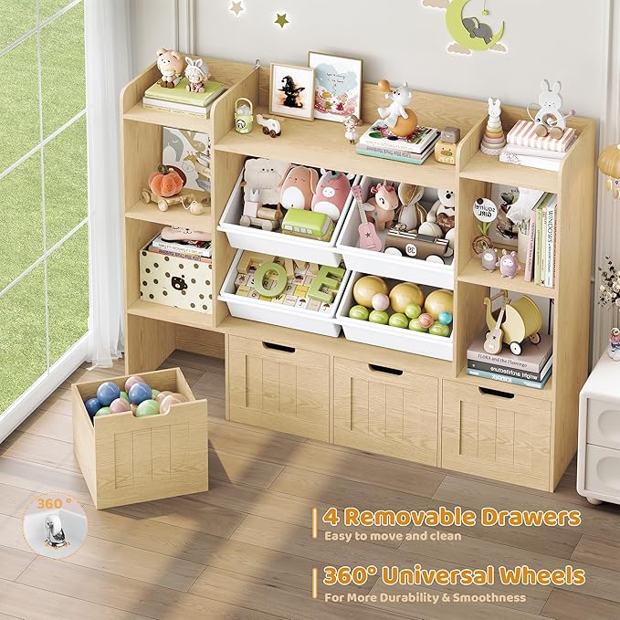 LULUBEAR Toy Storage Organizer, Toy Organizer with 4 Movable Drawers and 4 Box Bins, Kids Playroom Storage Organization with Hidden Wheels for Living Room, Kids Room, Natural