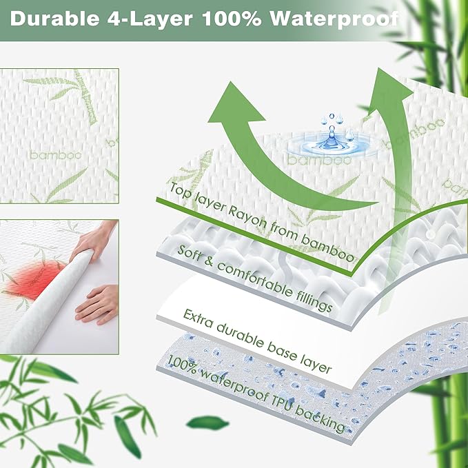 Parkdeny Queen Waterproof Cooling Mattress Cover, Rayon from Bamboo Encasement, 3D Air Fabric, Breathable, Noiseless, Washable, Fits 5"-15" Deep Mattresses