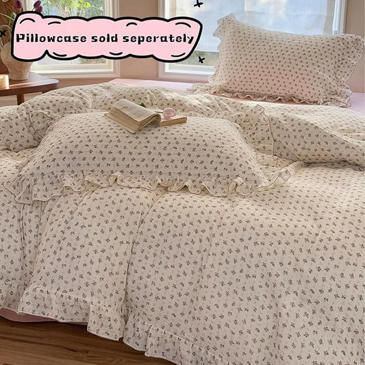 BuLuTu Chic Floral Muslin Duvet Cover Queen, Princess Ruffles Comforter Cover with Bellflower Print, Teens Bedding Queen Girls Quilt Covers 90"x90", Zipper Closure, No Pillow Cases