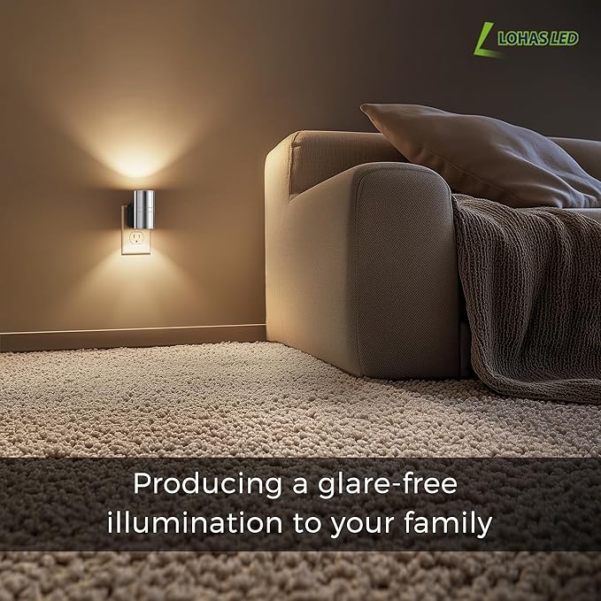 L LOHAS LED Night Light, Night Lights Plug into Wall, 1-Pack, Smooth Silver Glossy Plating Metal-Shade Nightlight, Light Sensor, Soft White 3000K, Dimmable Night Light Plug in for Hallway Bedroom