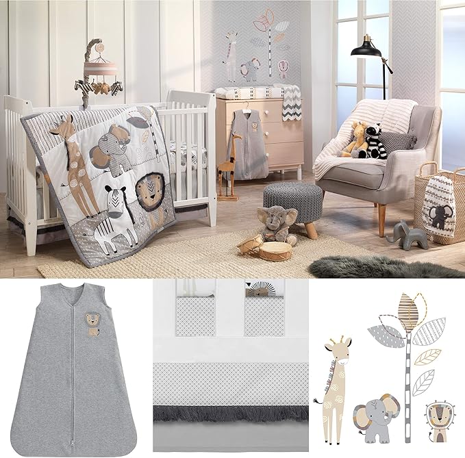 Lambs & Ivy Jungle Safari Gray/Tan/White Nursery 6-Piece Baby Crib Bedding Set
