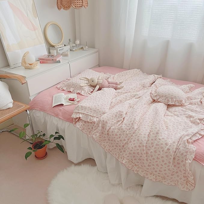 BuLuTu Girls Baby Duvet Cover Pink Flower Duvet Covers Muslin Cotton Toddler Kids Duvet Cover Quilted Protector, 47"x59", Galsang Print (No Filling)