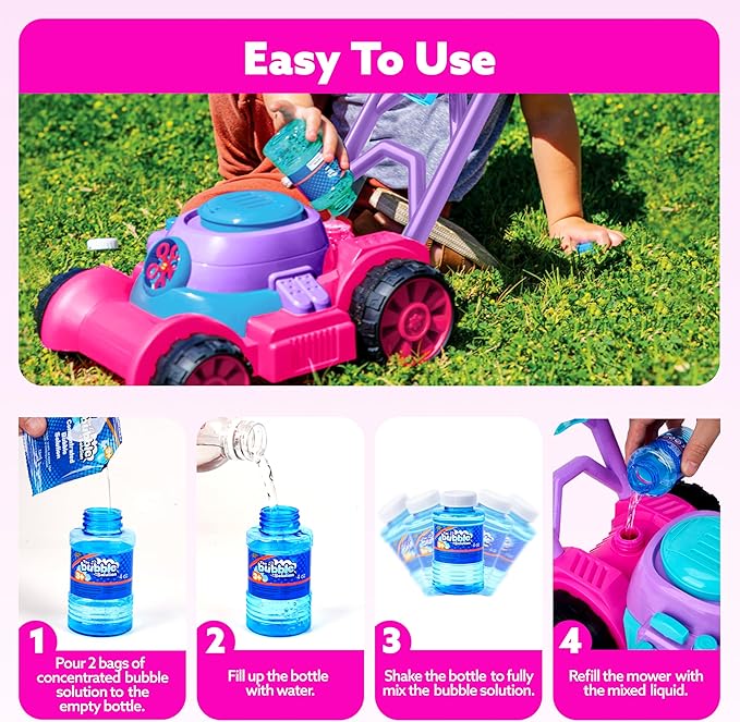 SLOOSH Bubble Lawn Mower Toddler Toys - Spill-Proof Bubble Machine Pretend Gardening Toy for Age 1 2 3 1-3 Year Old Toddler Indoor Outdoor Use, Baby Girl Push Toys Xmas Christmas Birthday Gift (Pink)