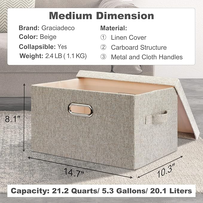 Graciadeco Medium 15" 21 Quart Collapsible Stackable Storage Bins with Lids, 5 Packs Beige Foldable Fabric Closet Boxes Heavy-duty Linen Cube Baskets Container for Bedroom Office (15 x 11 x 8)