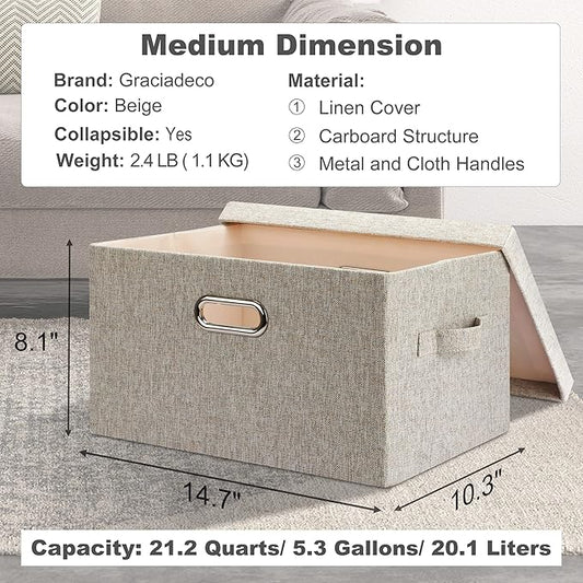 Graciadeco Medium 15" 21 Quart Collapsible Stackable Storage Bins with Lids, 5 Packs Beige Foldable Fabric Closet Boxes Heavy-duty Linen Cube Baskets Container for Bedroom Office (15 x 11 x 8)