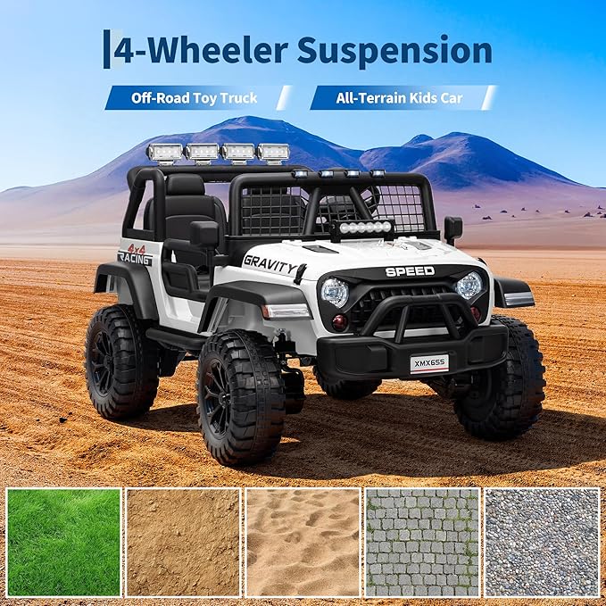 24V 2-Seater Kids Electric Truck with Parent Remote Control, 100Min Ride-on Car, 4WD Dual Motor, 2 Speeds, Spring Shock Absorber, LED Headlights, Siblings Gift Kids Electric Vehicle, White