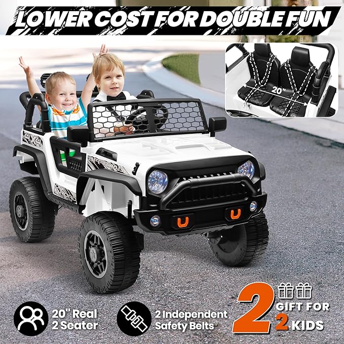24V XL 2 Seater Ride On Toys for Big Kids, 4WD/2WD Switchable 800W Electric Truck w/20'' Wide Seat, Remote Control, 4-Wheeler Suspension, Xmas & Birthday Gift Ideas for Boys Girls, White