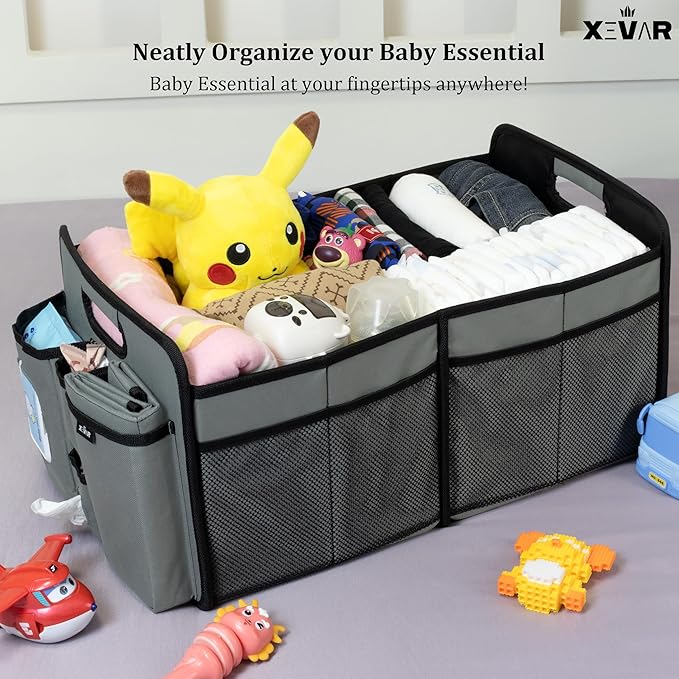 XEVAR Baby Diaper Caddy Organizer with Changing Mat - Portable Car Caddy for Newborn Essentials, Diapers & Wipes, Gift for Baby Shower and New Mom | Oxford Fabric, Grey
