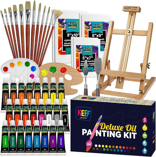 KEFF Oil Paint Set for Adults and Kids - Art Supplies Painting Kits with 24 Oil Paints, Stretched Canvas, Art Easel, Brushes, Palette, Knives and Paper Pad