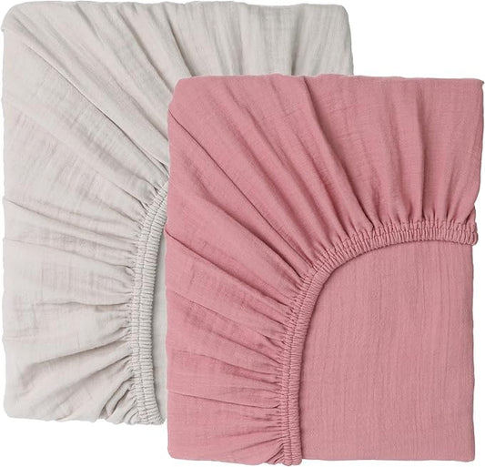 Muslin Baby Crib Sheets Fitted -Crib Sheets Neutral Turkish Cotton, Ultra Soft & Breathable -Organic Cotton Crib Sheets for Boys &Girls, GOTS &Oeko-TEX® Certified (52x28, Cotton Latte &Neutral Rose)