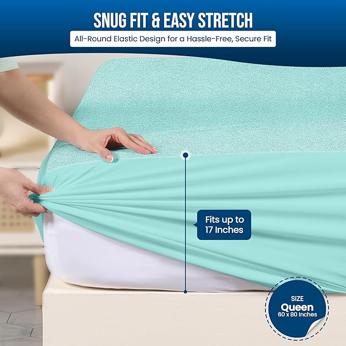 Utopia Bedding Waterproof Mattress Protector Queen Size, Premium 200 GSM Terry Mattress Cover, Soft & Breathable Bed Cover, Fitted Sheet Style with Stretchable Deep Pockets 17" (Spa Blue)