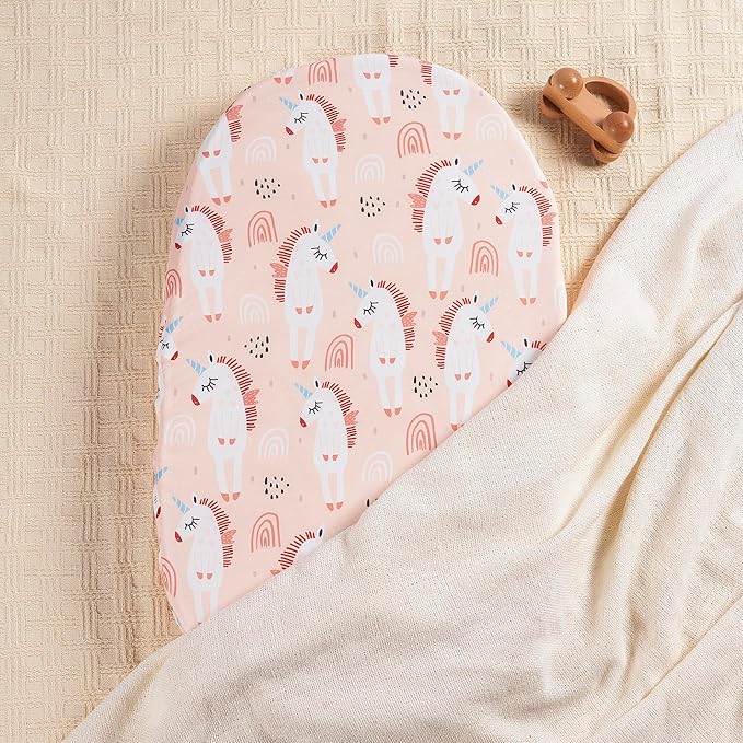 TILLYOU Baby Bassinet Sheets for Girls Boys, Fit for Hourglass Oval Rectangle Bassinet Mattress Sheets, 33”X16”, 2 Pack Unicorn & Meat Powder