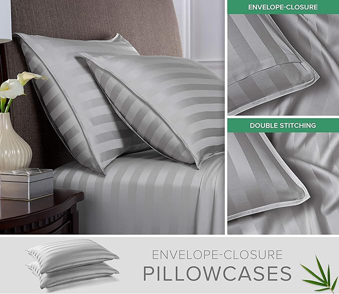Pure Bamboo Queen Sheets, Genuine 100% Organic Viscose Derived from Bamboo Bed Sheet Set, Luxuriously Soft & Cooling, Double Stitching, 2 Year Quality Promise (Queen, Jacquard Silver)